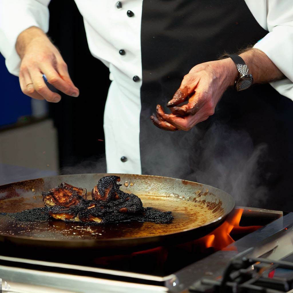 masterchef with burnt food on a pan