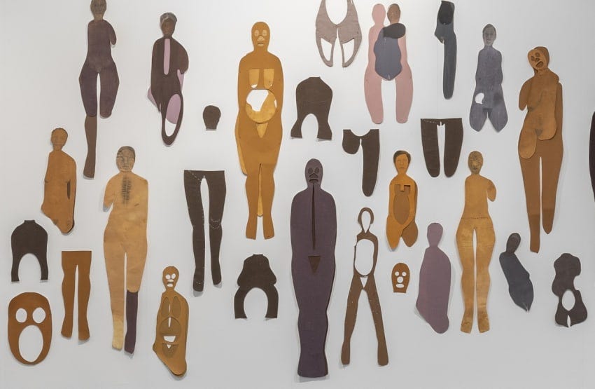 Alicia Henry, Untitled (cluster), 2019, Acrylic, graphite, charcoal, thread, paper, cardboard Variables