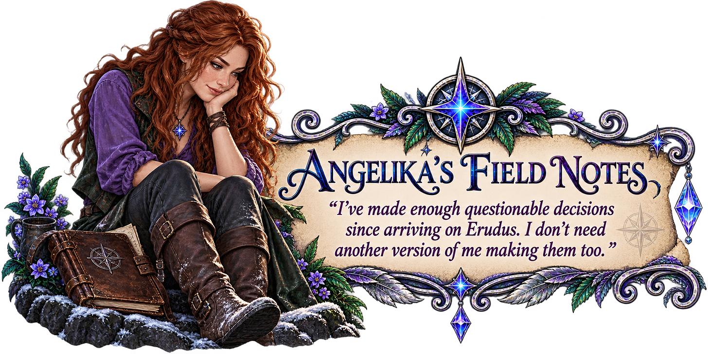 Angelika's Field Notes. Angelika looking down thinking I've made enough questionable decisions since arriving on Erudus. I don't need another version of me making them too. Angelika's Field Notes. Angelika looking down thinking I've made enough questionable decisions since arriving on Erudus. I don't need another version of me making them too.