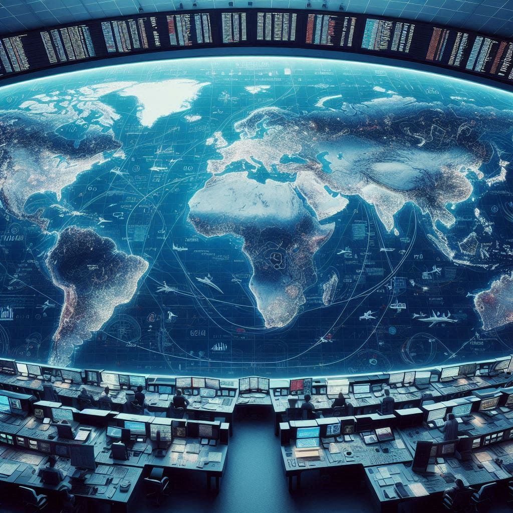 a map of the world in an air traffic control centre
