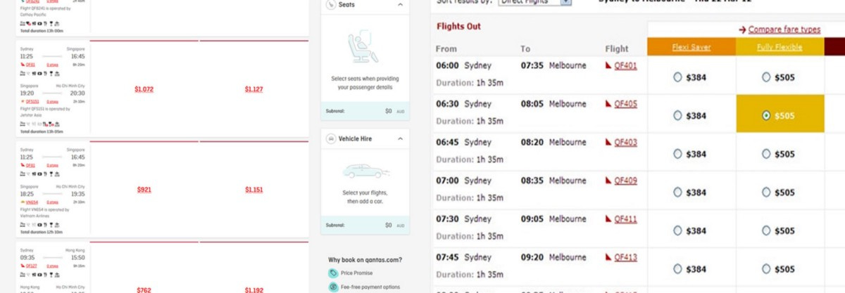 Screenshots of the 2 flight booking UIs on Qantas website. Screenshots of the 2 flight booking UIs on Qantas website.
