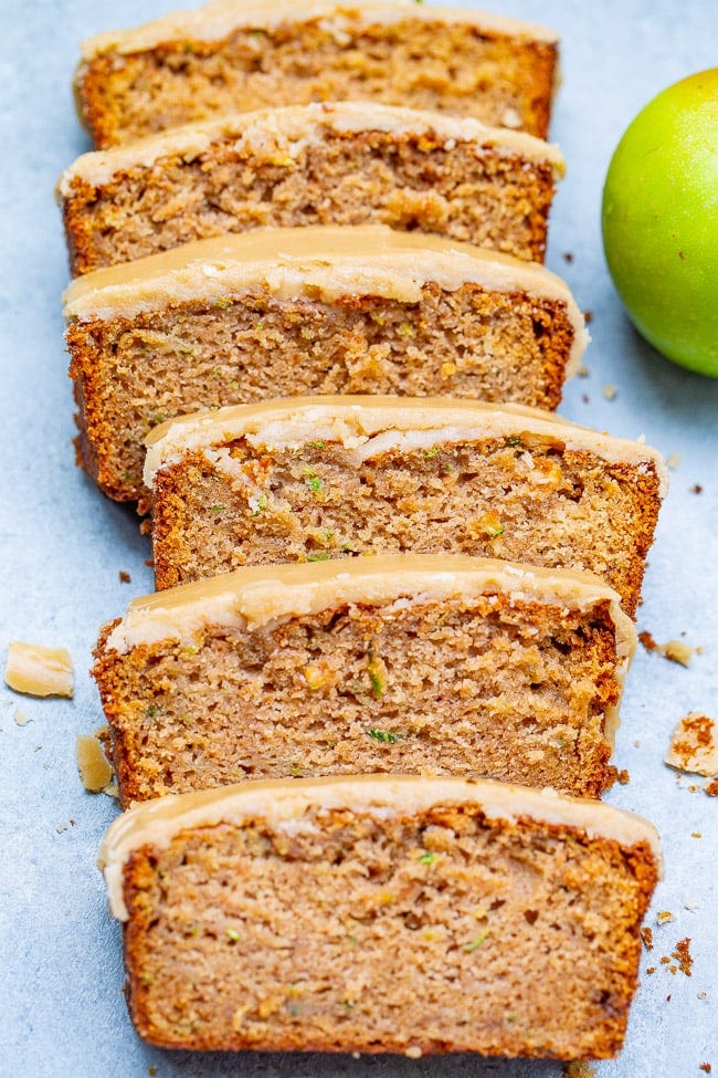 Apple Zucchini Bread with Brown Sugar Frosting - Super soft, moist, and topped with the BEST frosting ever!! One bowl, no mixer, EASY recipe for the best apple zucchini bread that everyone LOVES!! Apple Zucchini Bread with Brown Sugar Frosting - Super soft, moist, and topped with the BEST frosting ever!! One bowl, no mixer, EASY recipe for the best apple zucchini bread that everyone LOVES!!
