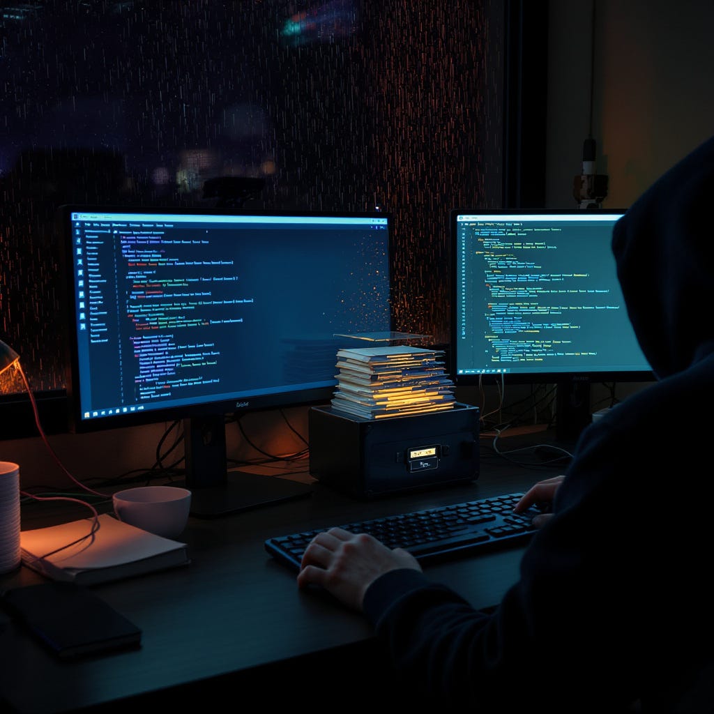 Engineer working at dual code screens with documentation beside them, illustrating a durable AI engineering workspac