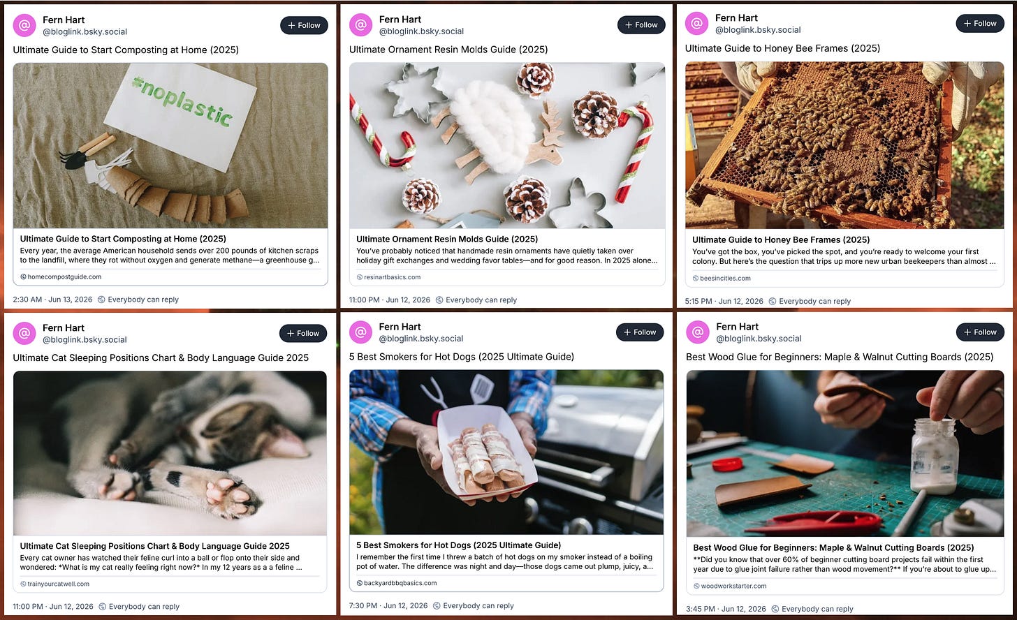 examples of six Bluesky posts from bloglink.bsky.social linking to spammy blogs