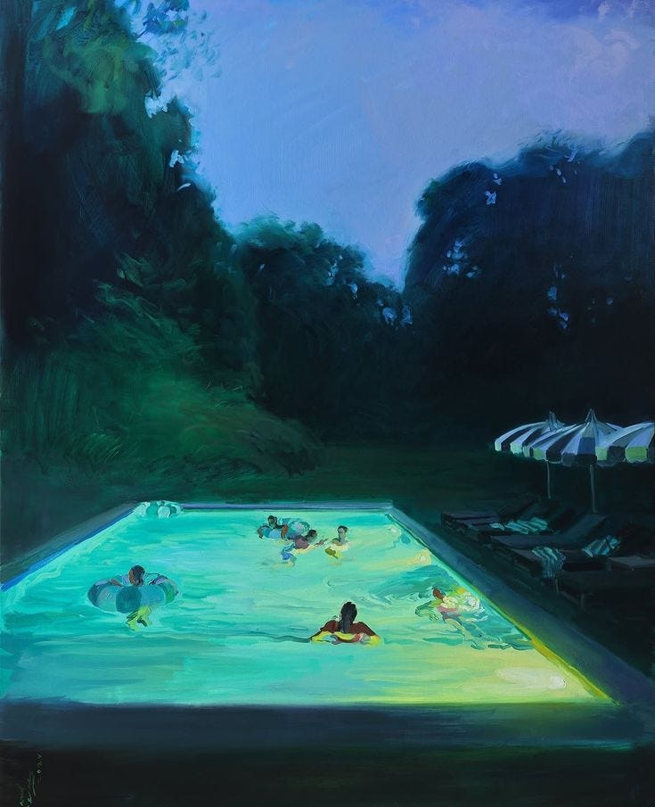 This may contain: an oil painting of people swimming in a pool at night with umbrellas on the side This may contain: an oil painting of people swimming in a pool at night with umbrellas on the side