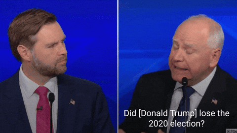 Tim Walz asking JD Vance “Did Donald Trump lose the 2020 election?” JD Vance responds "I'm focused on the future." To which Walz replies "that's a very damning non-answer"