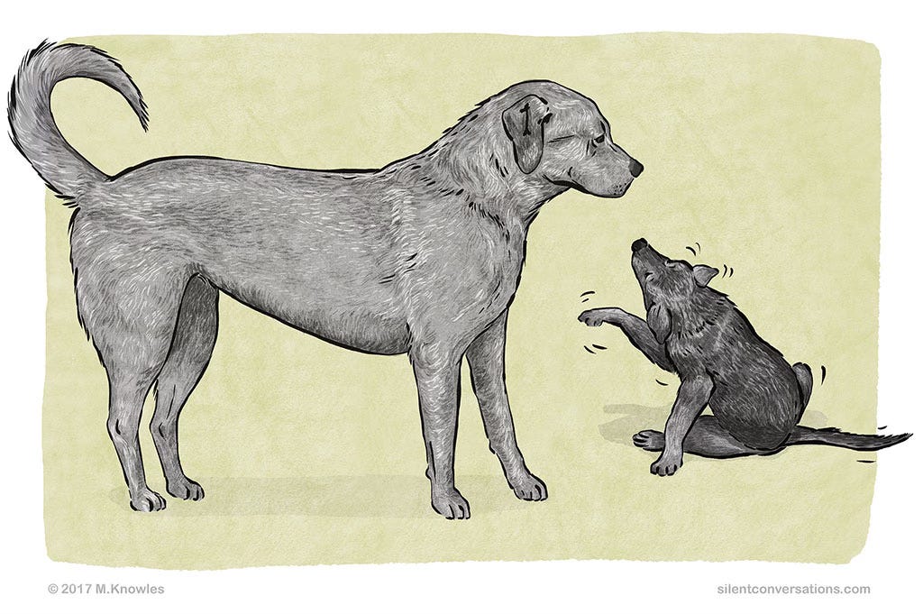 Illustration of an adult dog standing tall, ears held tensely so the side, mouth closed and tail held up while freezing or standing still. Infront of the adult dog is a young puppy attempting to paw and interact with the adult dog.