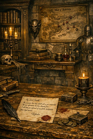 Rahadin’s empty office with his desk and a letter to Strahd, no sack Rahadin’s empty office with his desk and a letter to Strahd, no sack