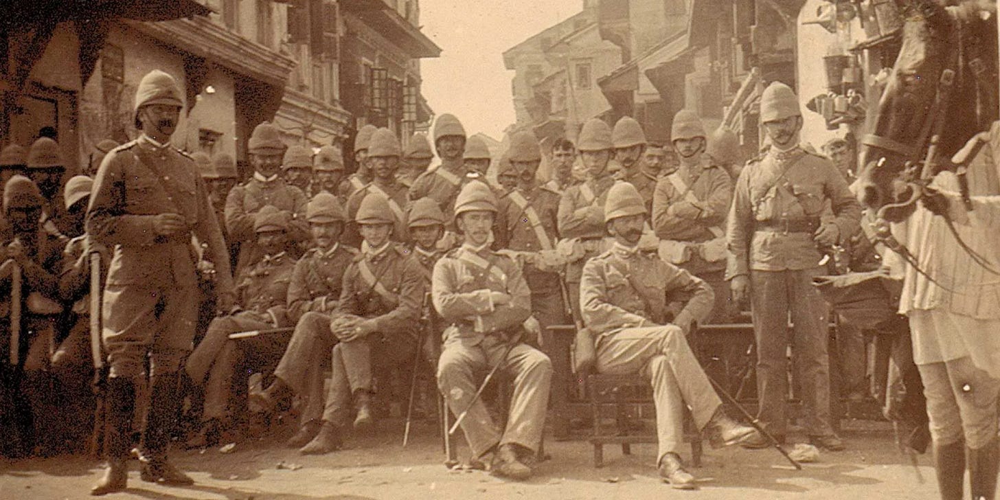 Men of the Royal Dublin Fusiliers on duty during house-to-house visitations, Bombay, 1897 Men of the Royal Dublin Fusiliers on duty during house-to-house visitations, Bombay, 1897