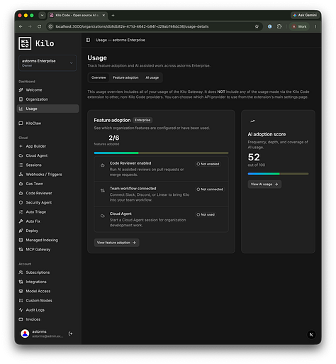 Feature adoption in the usage tab