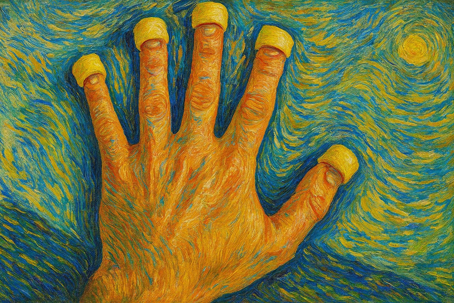 Expressionist painting of a human hand stretched open, each fingertip capped with a yellow ring-shaped snack. The skin glows in fiery oranges and reds, while the swirling blue and yellow background evokes a night-sky effect, creating a surreal, playful yet unsettling atmosphere.