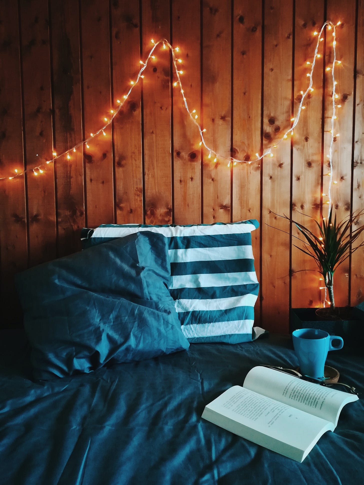Tea and a book in bed, under fairy lights.