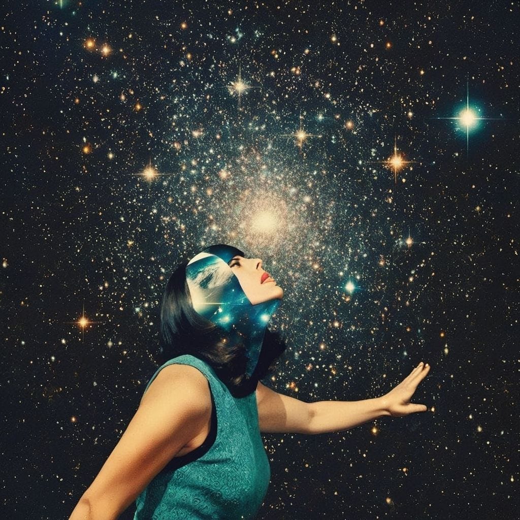 An abstract image of a woman whos head is exploding to stars but not scary, magical.