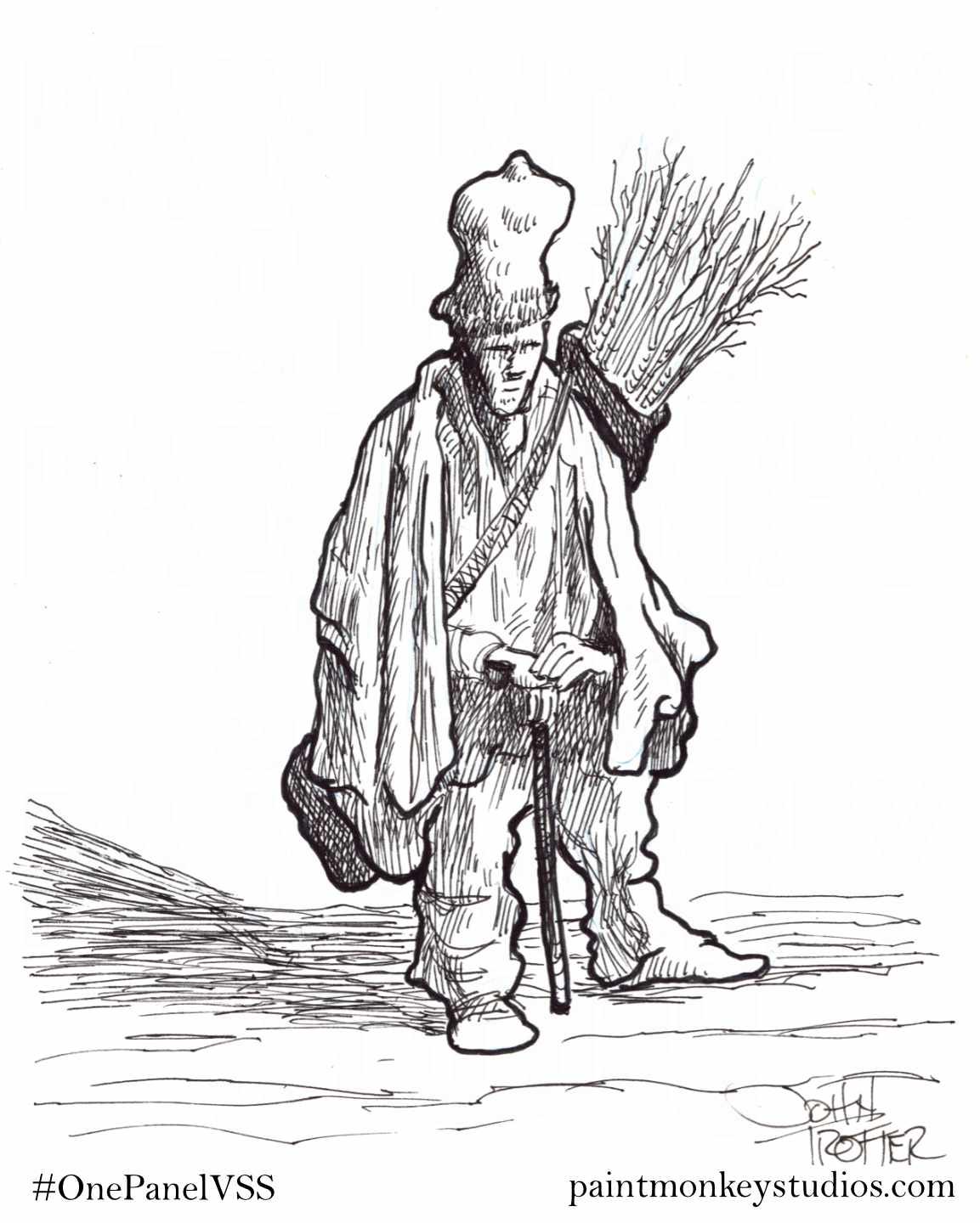 Ink drawing of a man with a cane and a large bag of sticks on his back. Ink drawing of a man with a cane and a large bag of sticks on his back.