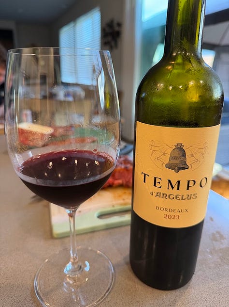 A gallery of three wine bottles featured in this newsletter: Tempo d'Angelus Bordeaux, Tenuta Tascante Carricante 'Buonora' Etna Bianco, and La Peña Milsetentayseis rosado, each photographed in the setting where it was enjoyed.