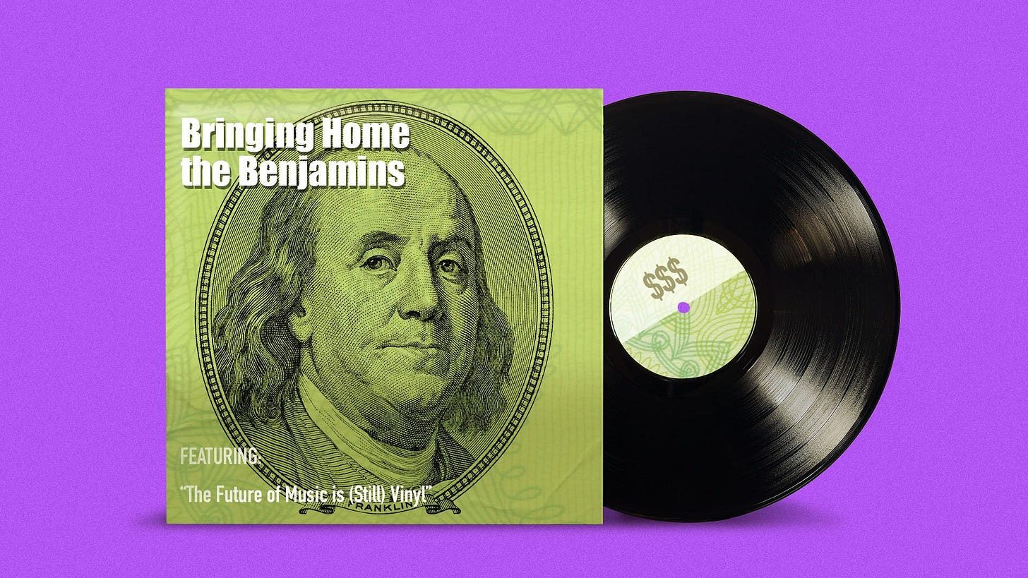 Illustration of a vinyl album cover featuring Benjamin Franklin