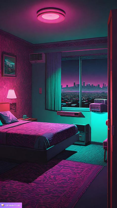 Cheap old motel rooms with bad lighting in Los Angeles