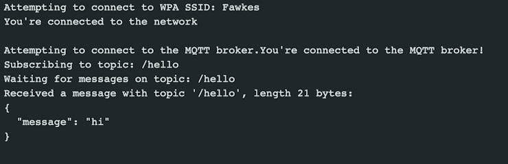 Serial Monitor showing a message received on an Arduino from the MQTTX client Serial Monitor showing a message received on an Arduino from the MQTTX client