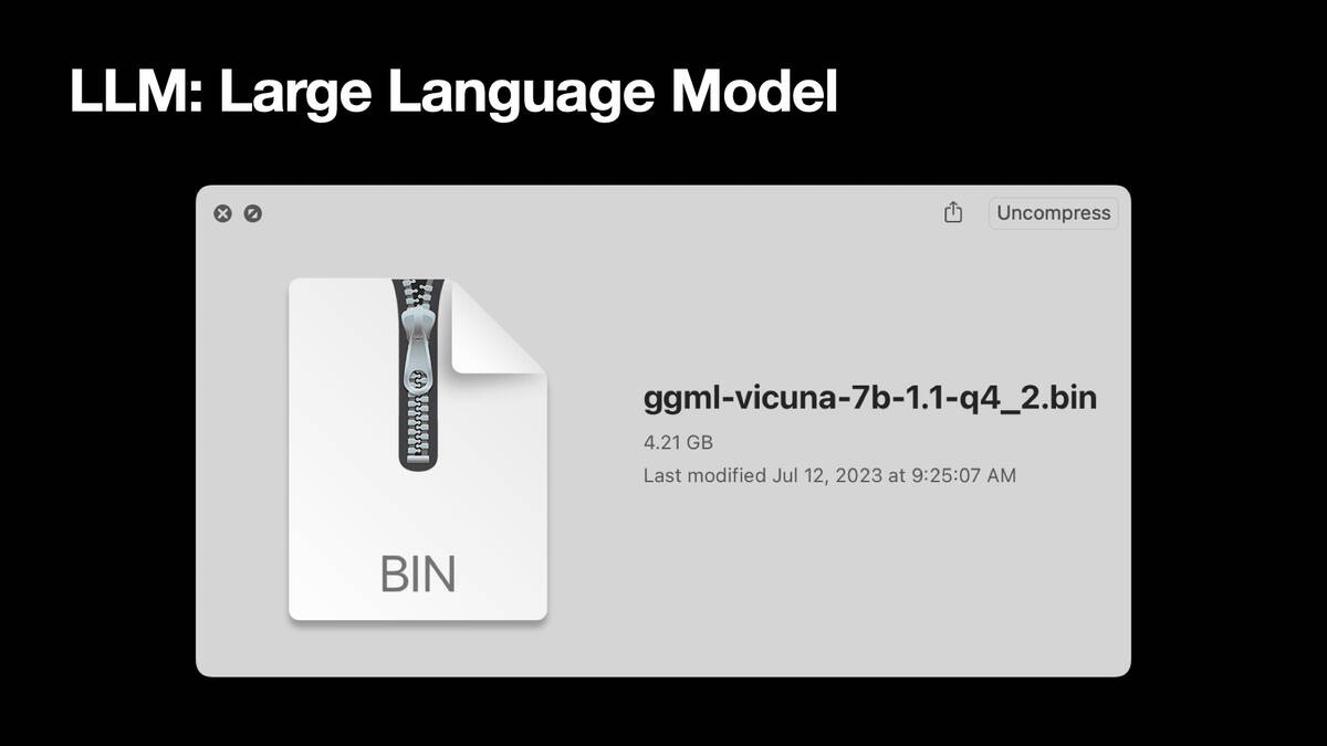 Finder window showing this file:

ggml-vicuna-7b-1.1-q4_2.bin

4.21GB

Last modified Jul 12, 2023 at 9:25:07 AM
