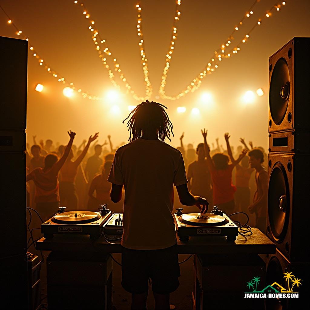 A lively street scene in Jamaica during a traditional sound system event.