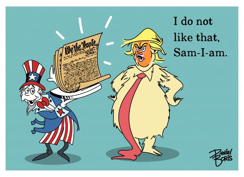 Dr. Seuss parody showing Uncle Sam presenting a character with a long red tie (Donald Trump). Trump's mouth open. Text near his head: "I do not like that, Sam-I-Am."
