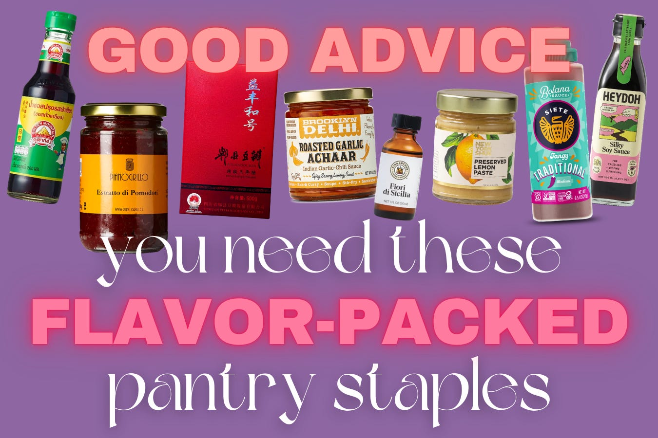 collage of flavorful store-bought sauces and tips on how to stock your pantry