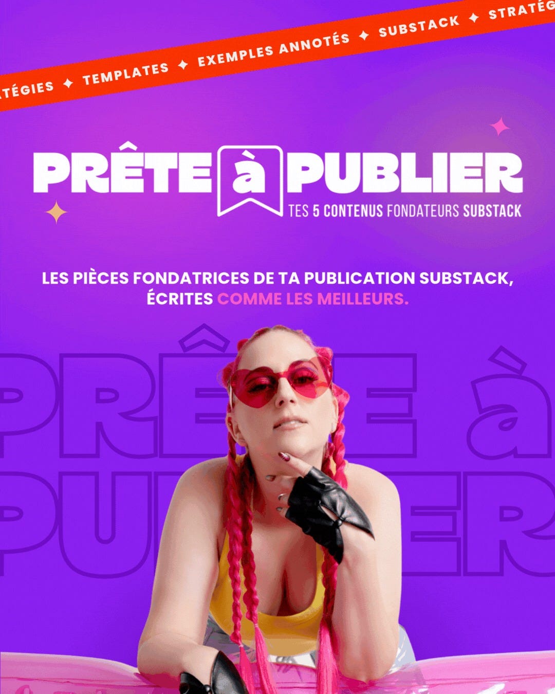 Bannière du produit Prête à publier: le titre avec une icône de signet et le sous-titre "tes 5 contenus fondateurs Substack", au-dessus d'une femme aux tresses roses et lunettes rondes rouges, sur un dégradé mauve.
