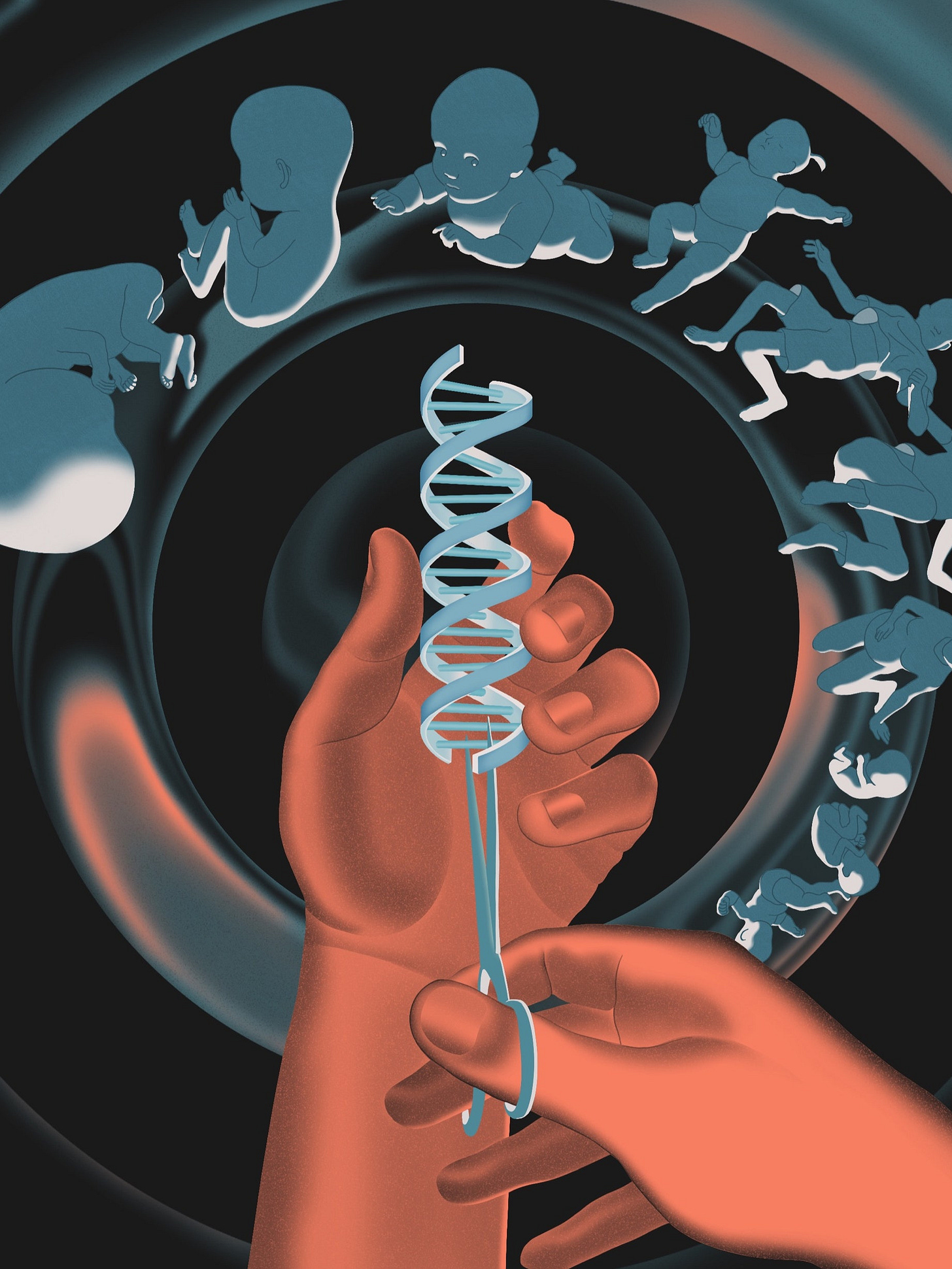 An art of human forms from fetus to growing child are shown over hands manipulating a double helix with a tool