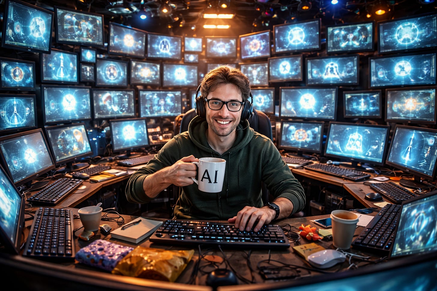 A man sitting in a high-tech room surrounded by glowing screens, holding a mug labeled "AI."