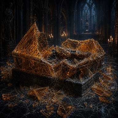 shattered amber sarcophagus in the Amber Vault, broken amber shards like fractured ice, black marble floor, faint eerie glow, Barovian Gothic atmosphere