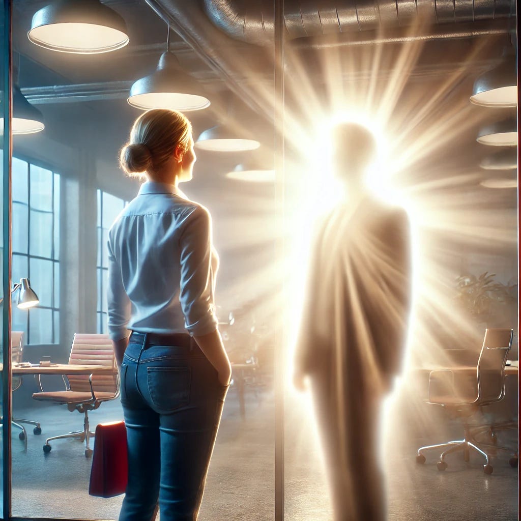 A person experiencing the halo effect, gazing in admiration at a glowing, larger-than-life figure or object. The person is standing in a business environment, with the bright figure casting a radiant halo of light, blurring the details around it. The scene suggests that the individual is mesmerized by a superficial quality, such as beauty or status, while the surroundings (a cluttered office or workspace) subtly show imperfections that go unnoticed. The lighting emphasizes the glow from the halo, with soft, dreamy tones to indicate the psychological impact of the effect.
