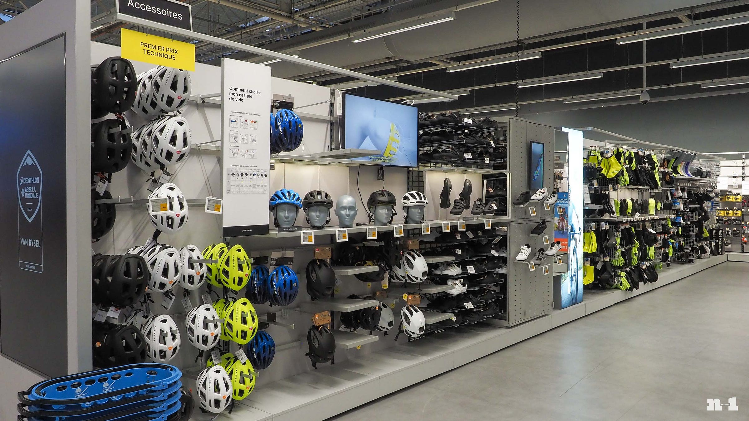 Decathlon helmets and shoes on display Decathlon helmets and shoes on display