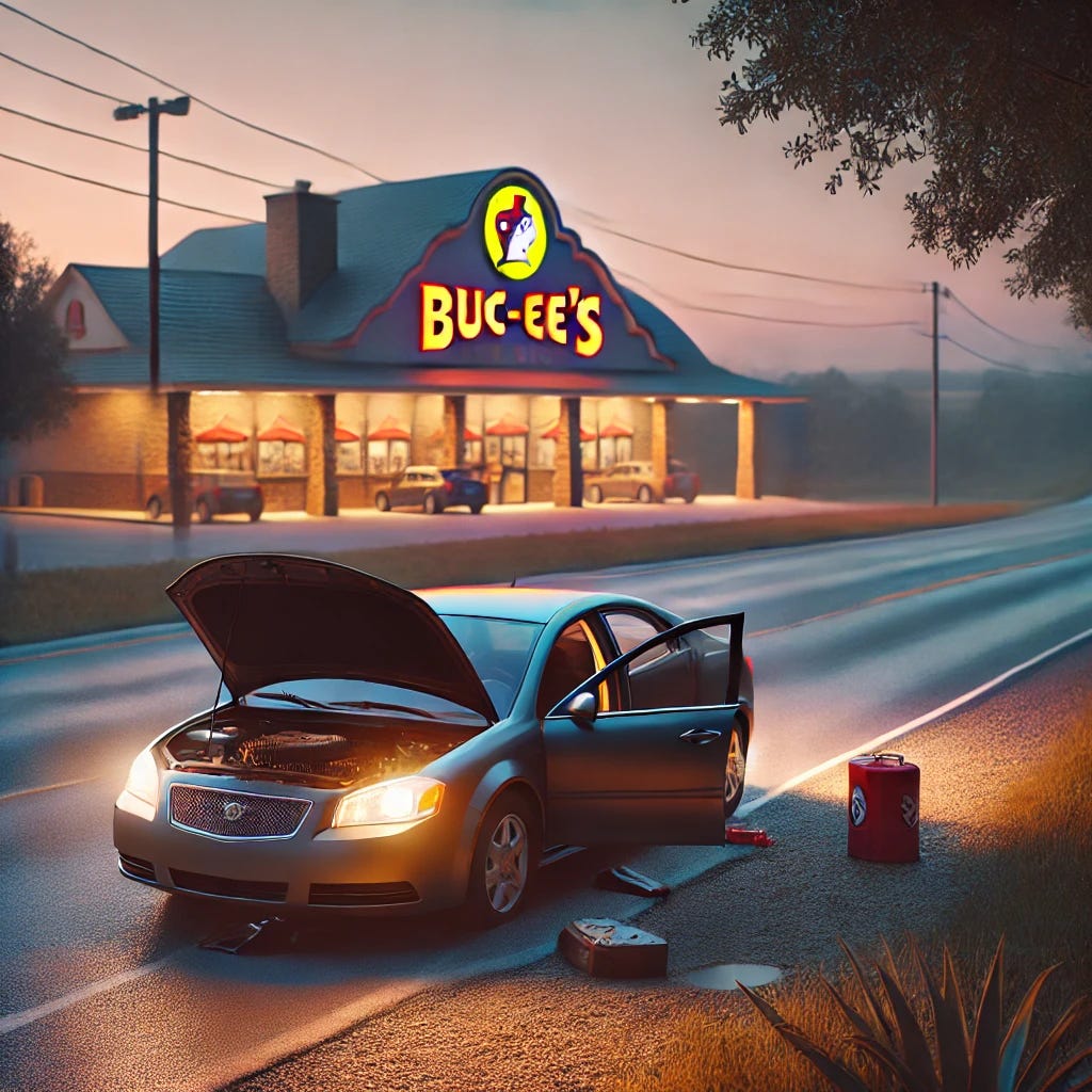 A car broken down on the side of a quiet road, with a Buc-ee's rest stop visible in the background. The scene symbolizes the idea that the car should have taken a break at the rest stop before pushing too far and breaking down. The setting is a peaceful rural road with soft lighting, evoking a sense of reflection and missed opportunity. The Buc-ee's rest stop is inviting, brightly lit, and well-kept, contrasting with the car's unfortunate situation, highlighting the importance of taking breaks on a journey.