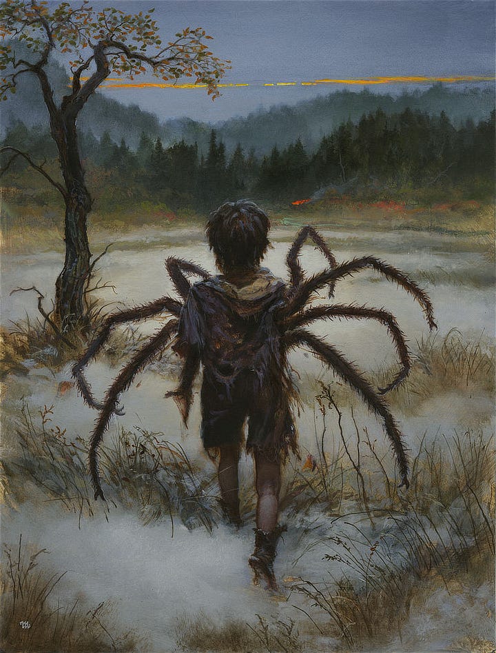 LEFT: Viewed from behind, Mordred is caught in transformation between spider and boy. Browning vegetation forms lines in the snow that extend around a single tree with thinning leaves. His clothes are in tatters, exposing his bare legs to the elements as he crosses tundra. A blaze of orange holds his attention, signifying a campfire at the edge of the tree line in the distance. Seven hairy spider limbs extend from his torso with his left arm forming a stub as it becomes the eighth. RIGHT: Figure detail from COLD AND ALONE featuring Mordred caught in transformation between spider and boy. His clothes are tattered, exposing his bare legs to the elements. Boots crunch snow on the tundra as he trods onward. Spider legs unfold from his back with the last forming like a stump from his left arm.