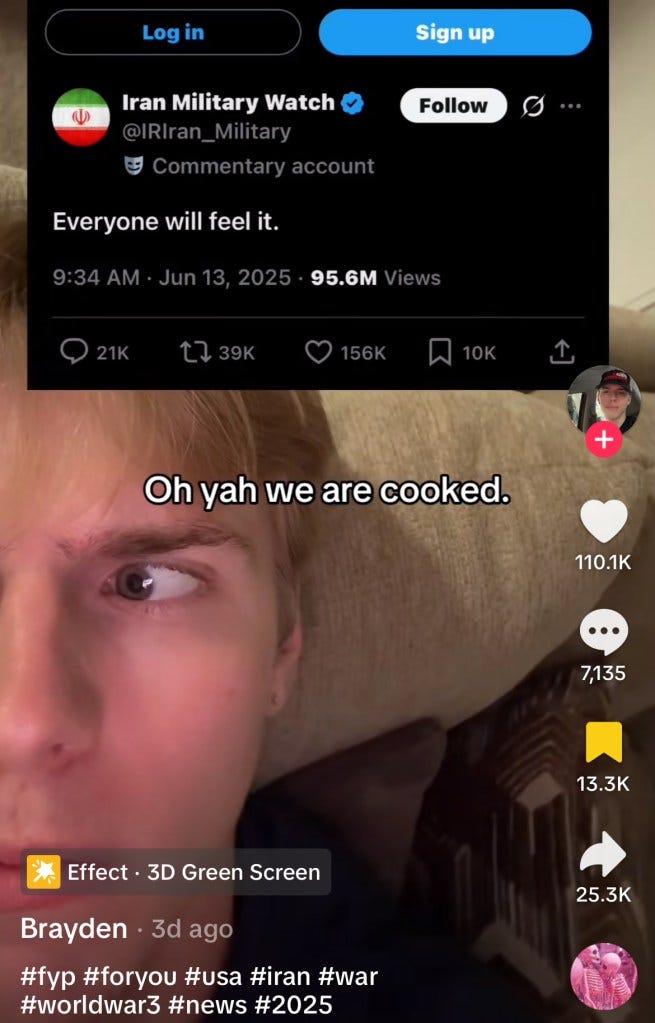 A fake Iran tweet warning “Everyone will feel it” over a video of a guy saying "Oh yah we are cooked" on TikTok.
