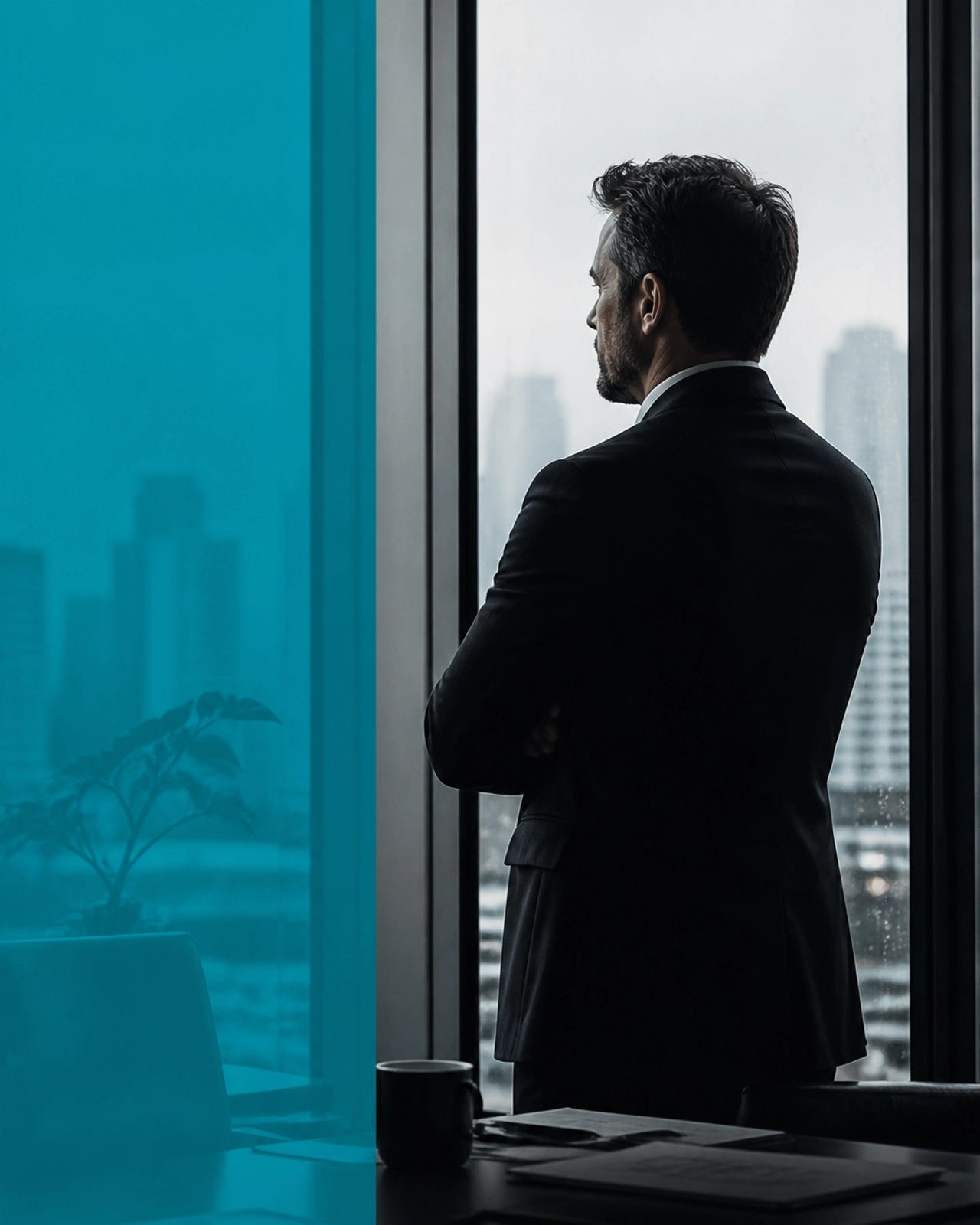 Reflective leader in a modern office