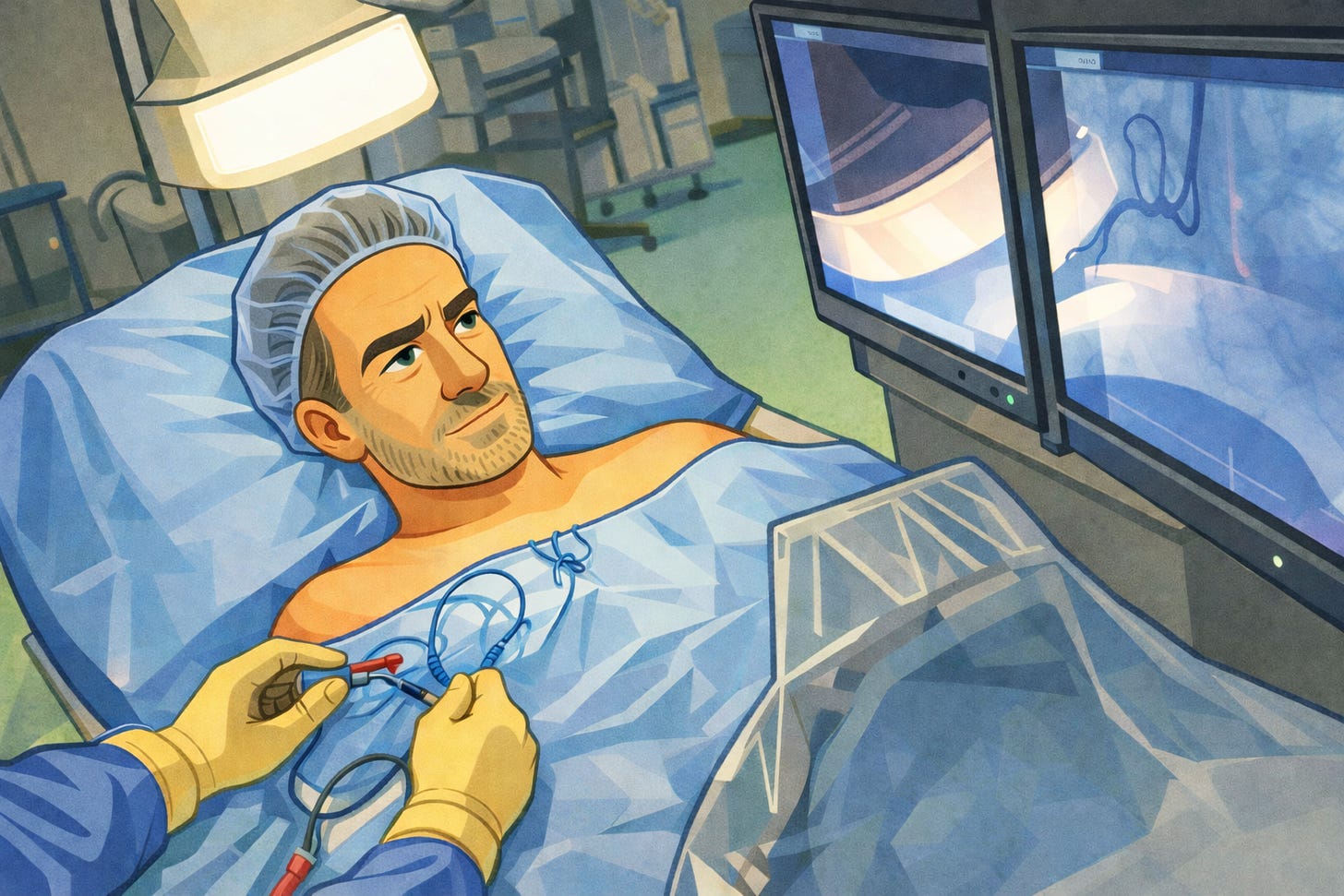 Stuart Dyson undergoing a cardiac angiogram Stuart Dyson undergoing a cardiac angiogram