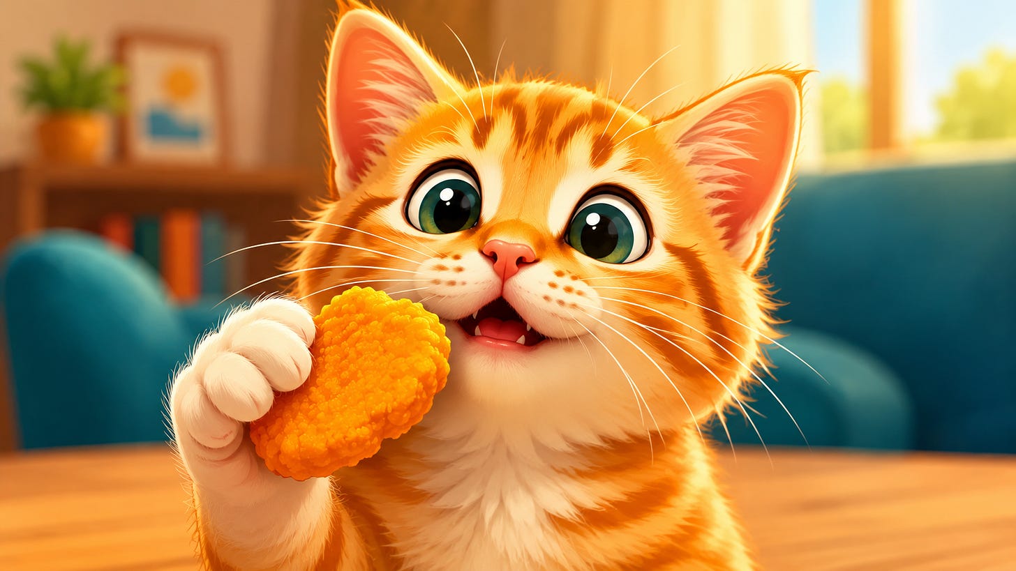 Image: a cartoon cat eating a chicken nugget. Image: a cartoon cat eating a chicken nugget.