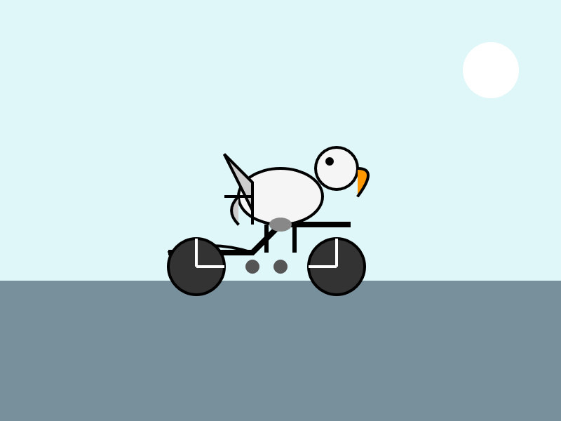 Claude Sonnet 4 described this as Minimalist illustration of a white bird with an orange beak riding on a dark gray motorcycle against a light blue sky with a white sun and gray ground Claude Sonnet 4 described this as Minimalist illustration of a white bird with an orange beak riding on a dark gray motorcycle against a light blue sky with a white sun and gray ground