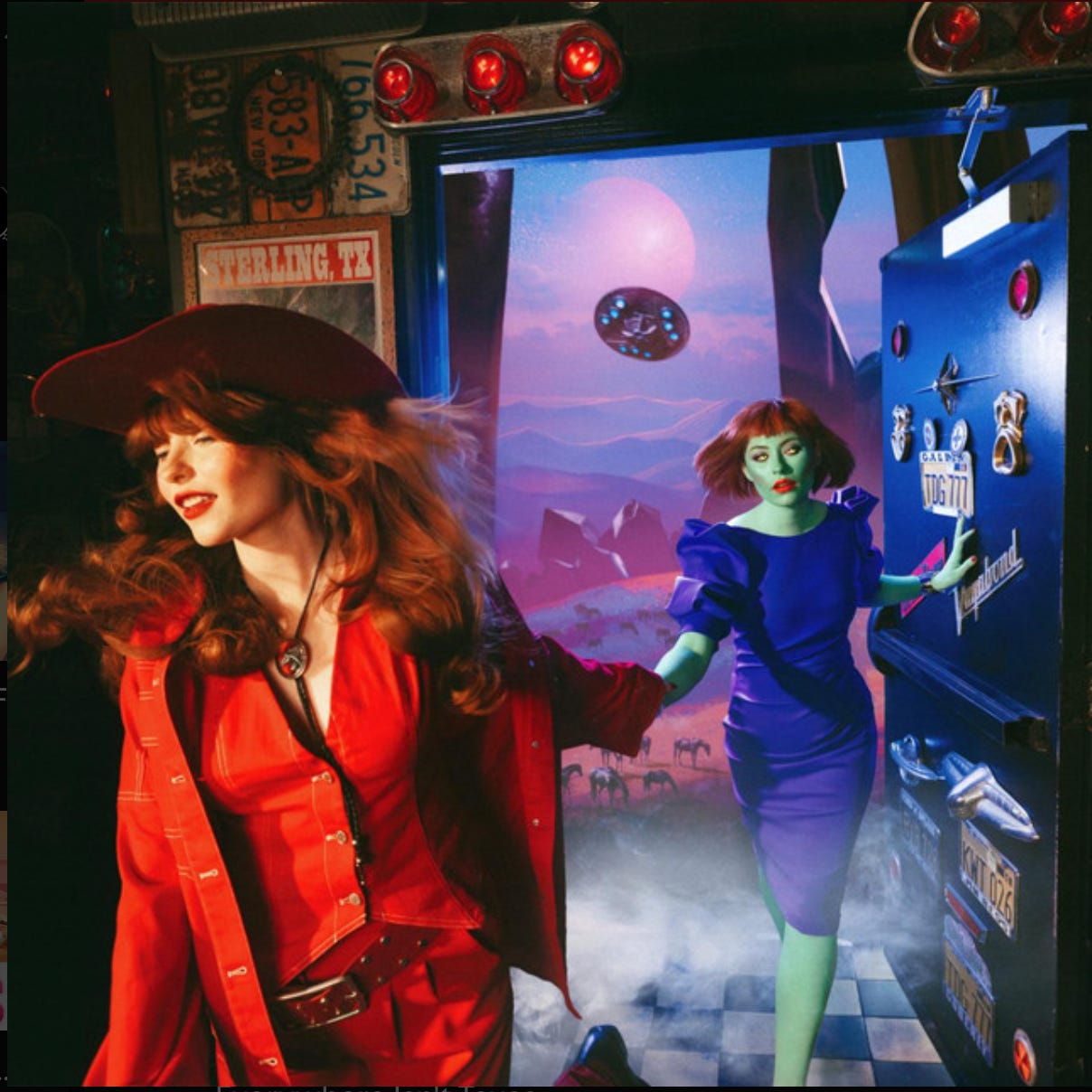 Album cover of Everywhere Isn't Texas by August Ponthier. They wear a red outfit and cowboy hat while leading an alien version of themselves through a doorway.