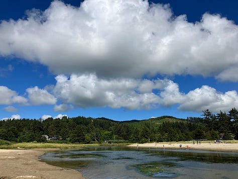 Photos of river rapids along the rocks, clouds over the forest and ocean inlet, roses and trees, man wearing glasses in San Francisco, man wearing bike helmet and sunglasses on Angel Island