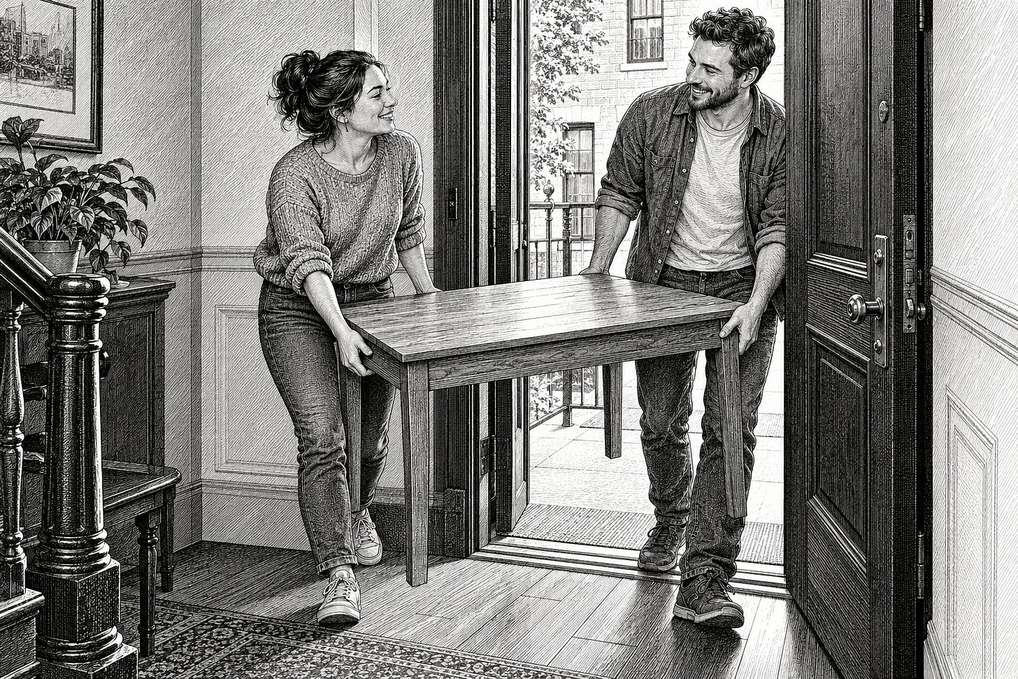 Black-and-white engraving of two neighbors helping carry a table