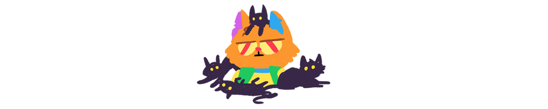 Smudge alien cat begrudgingly covered in black cats with glowing yellow eyes