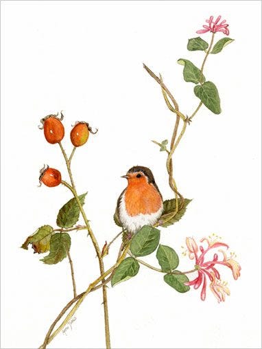This may contain: a bird sitting on top of a branch with flowers