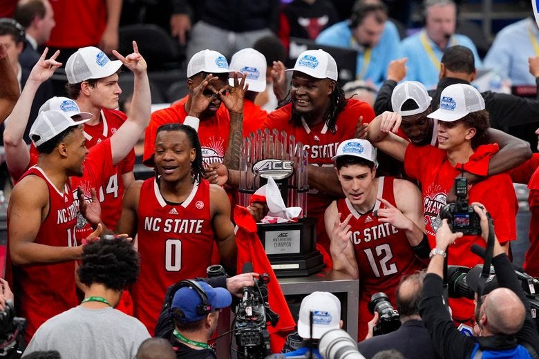 North Carolina State players with the trophy after winning an NCAA college basketball game against North Carolina to win the championship of the Atlantic Coast Conference tournament, Saturday, March 16, 2024, in Washington. North Carolina State won 84-76. (AP Photo/Susan Walsh)