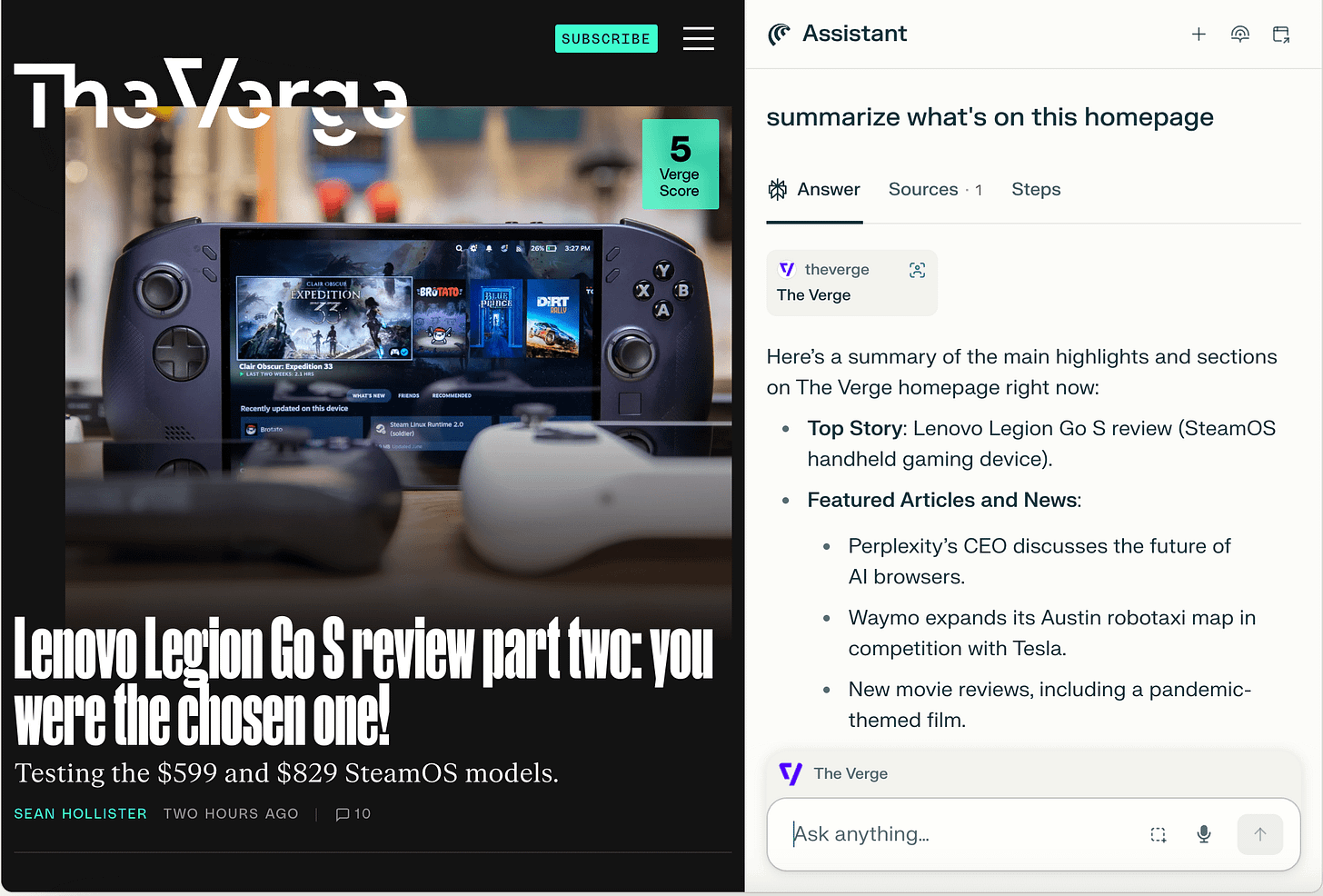An image of The Verge homepage with Comet’s AI assistant