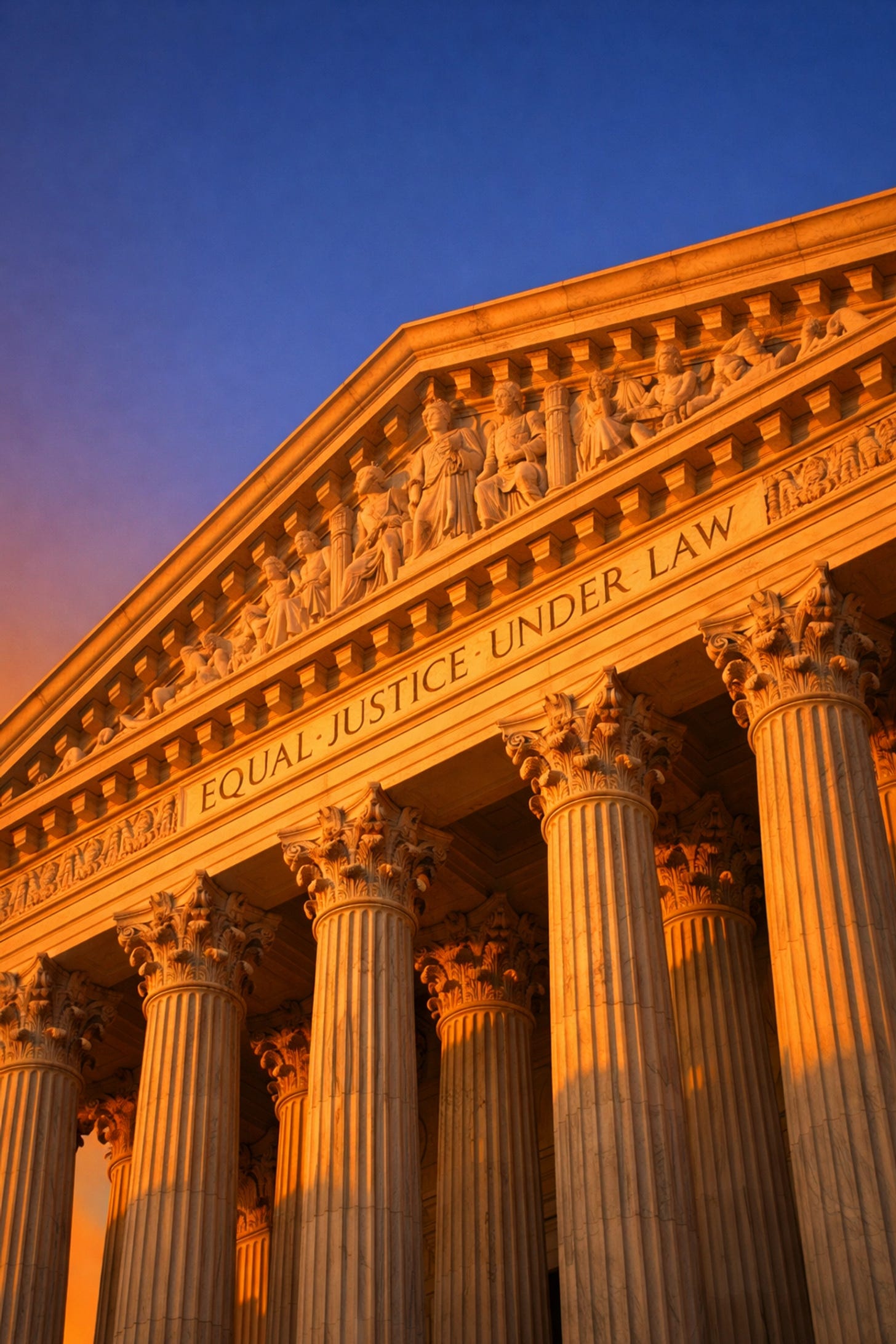 The U.S. Supreme Court building at sunset, symbolizing the First Amendment shield for religious liberty and free speech.