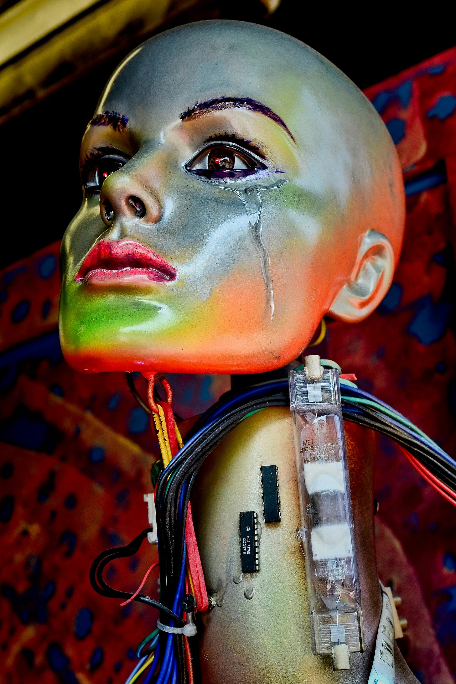 A futuristic mannequin head painted in metallic colors, with exposed wires and circuits at the neck. A single tear runs down its cheek, blending human emotion with machine design.