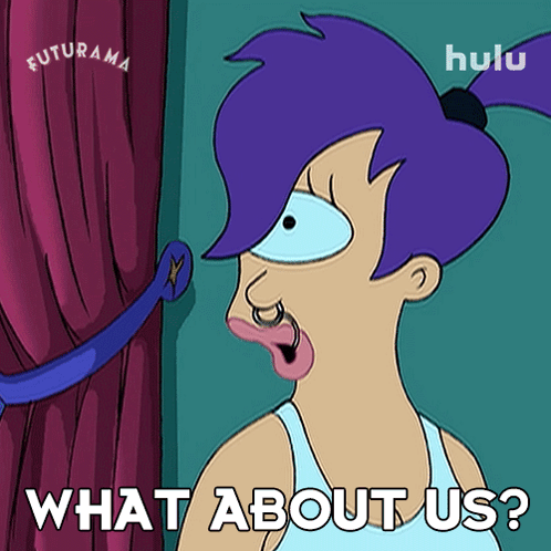 a cartoon character says what about us in front of a red curtain