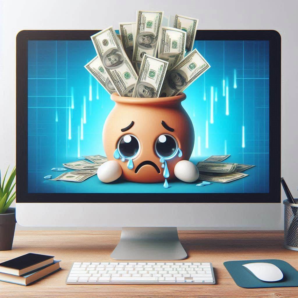 A computer screen with a sad face losing lots of money